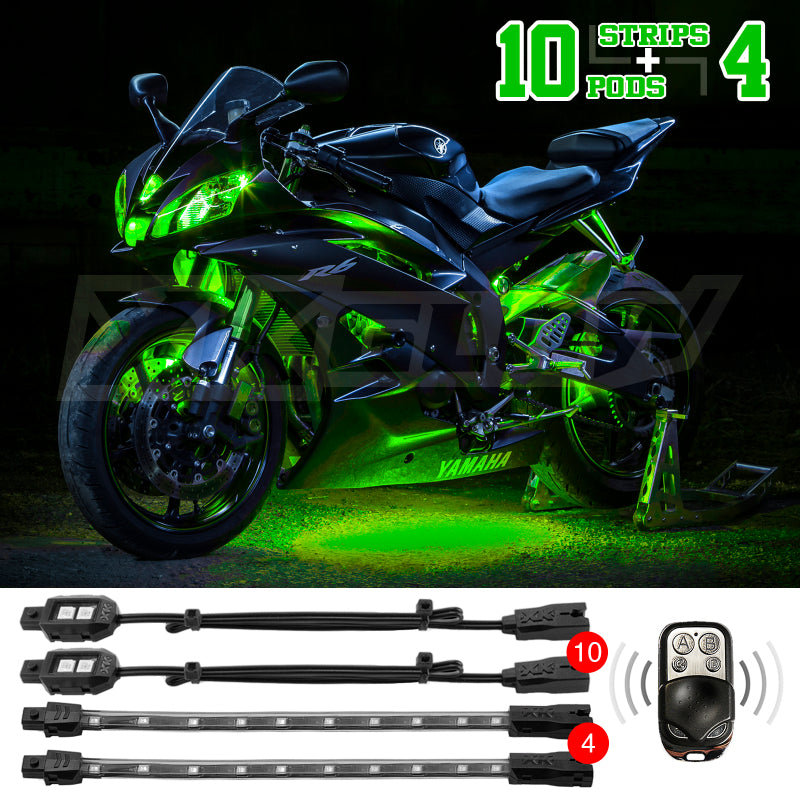 XK Glow Strips Single Color XKGLOW LED Accent Light Motorcycle Kit Green - 10xPod + 4x8In