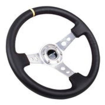 NRG Reinforced Steering Wheel (350mm / 3in. Deep) Blk Leather w/Circle Cut Spokes & Single Yellow CM