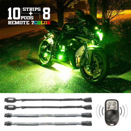 XK Glow Flex Strips 7 Color LED Accent Light Motorcycle/ATV Kit (10xCompact Pods + 8x10In)