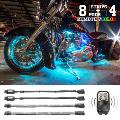 XK Glow Flex Strips 7 Color LED Accent Light Motorcycle/ATV Kit (8xCompact Pods + 4x10In)